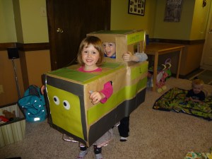 Decorated with green and gray paper final cardboard train costume