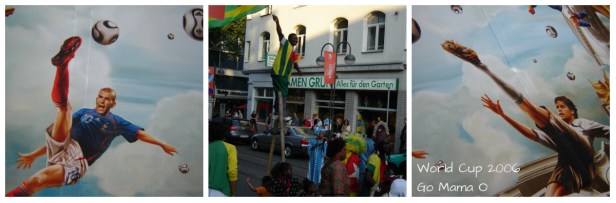 World Cup 2002 in Germany.  Murals painted on the ceiling of the train station, fans in the street. 