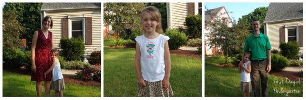 Mama O., big sister, and Daddy O. on the first day of Kindergarten.
