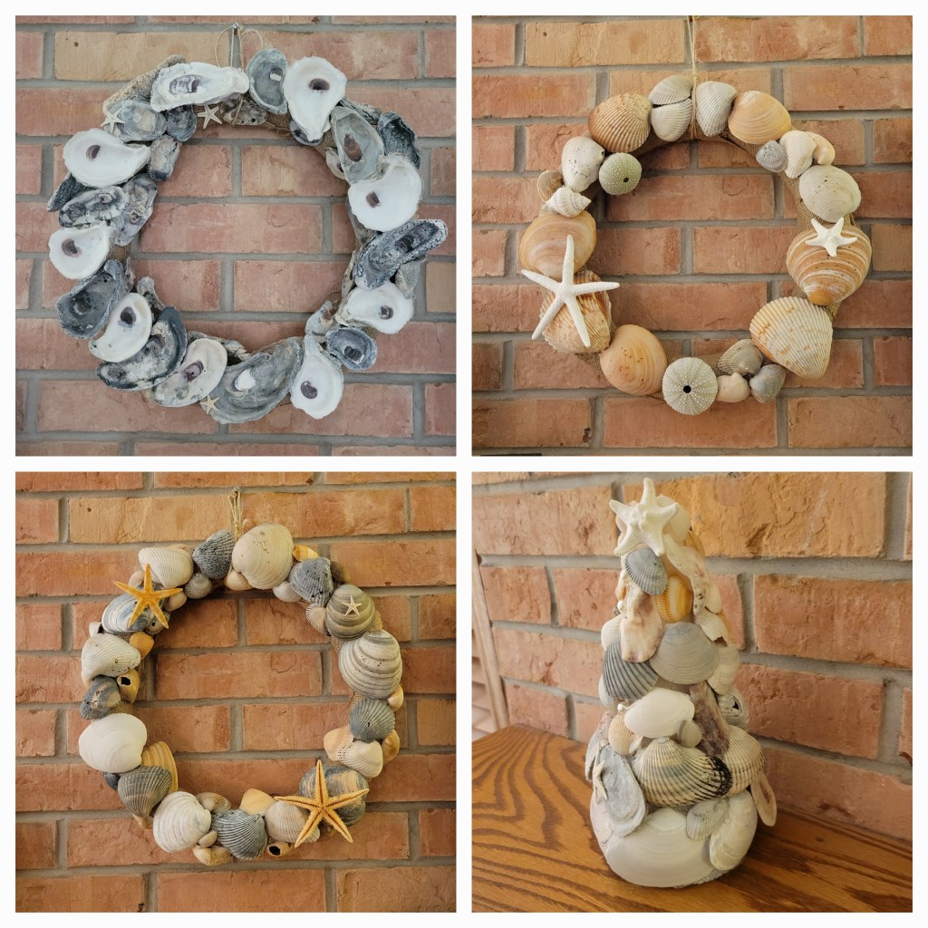seashell wreath and oyster wreath and a small shell tree